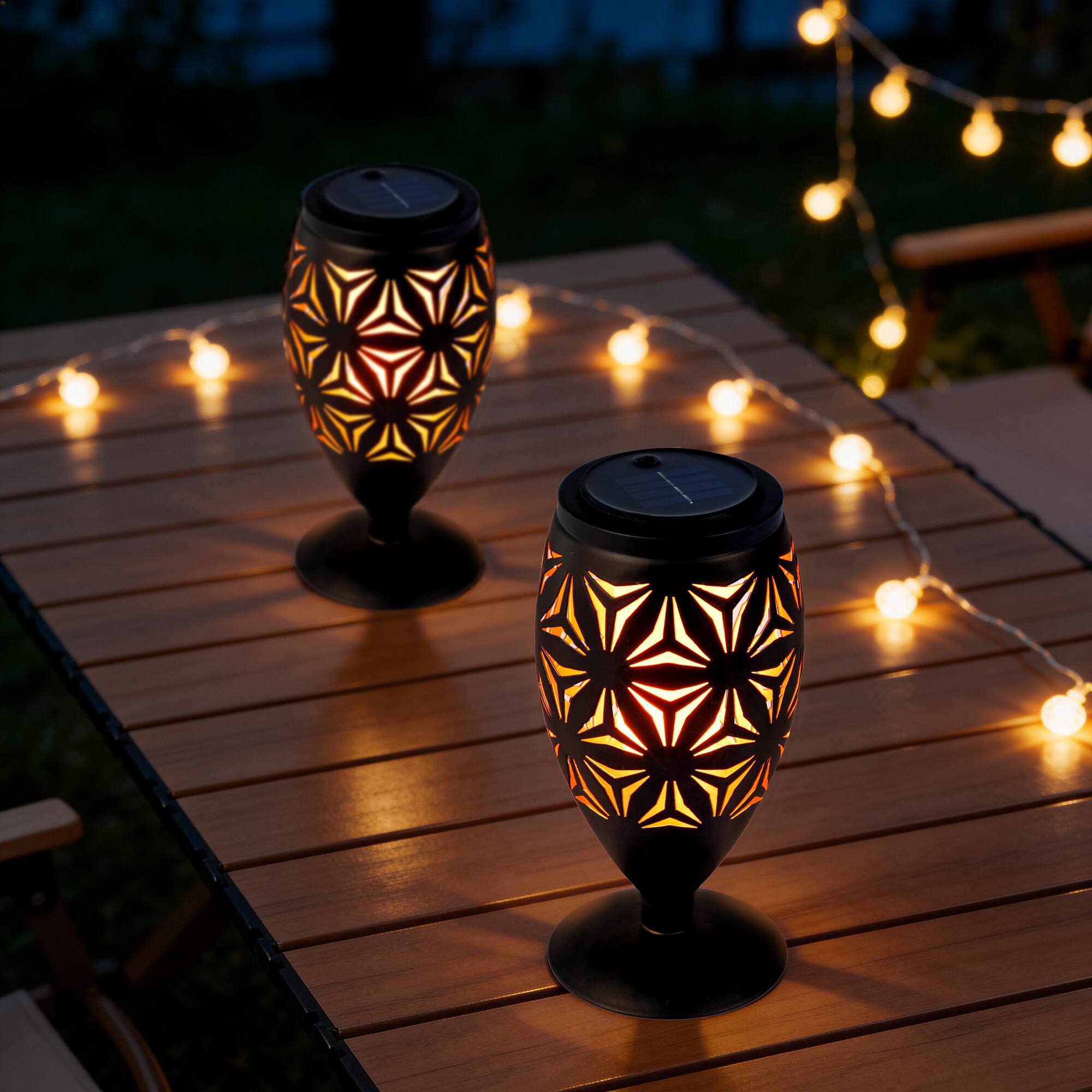 Glitzhome® 8.75" Set of 2 LED Black Metal Starburst Cutout Solar Powered Outdoor Lantern Set
